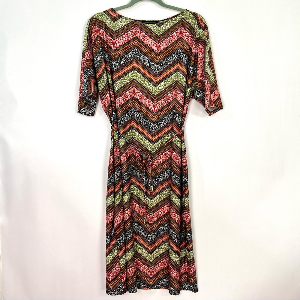 Karin Steven’s Brown Green Multicolor Chevron Print Front Tie Belt Dress Sz L